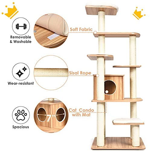Tangkula Tall Cat Tree, 69-Inch Modern Cat Tower with Sisal Rope Scratching Posts, Wood Cat Tree with Multi-Layer Platform, Cat Condo Furniture with Washable Cushions for Indoor Cats Large Adult - color: Natural