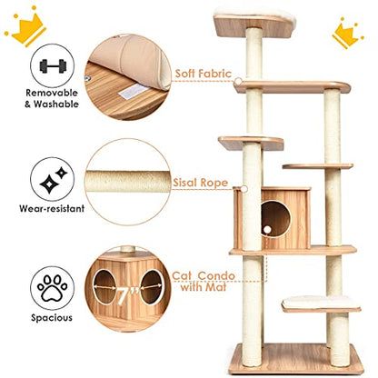 Tangkula Tall Cat Tree, 69-Inch Modern Cat Tower with Sisal Rope Scratching Posts, Wood Cat Tree with Multi-Layer Platform, Cat Condo Furniture with Washable Cushions for Indoor Cats Large Adult - color: Natural