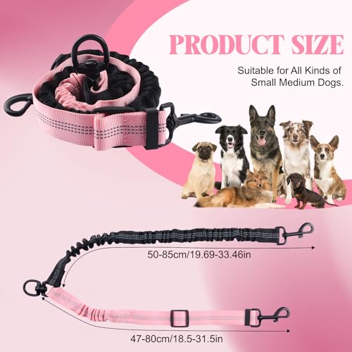 Double Dog Leash Coupler-360°Swivel,2 PCS No Tangle Walking Leash with Shock Absorbing Bungee for Outdoor Walk Train Small Medium Pet(Pink,Purple)