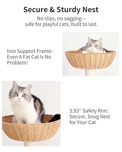 Modern Cat Tree for Large Cat, 57-Inch Tall Cat Tower with Scratching Post for Indoor Cats, Multi-Level Cat Condo with Hand-Woven Cat Bed and Acrylic Bowl (White 81007DD) - color: Brown 81007D