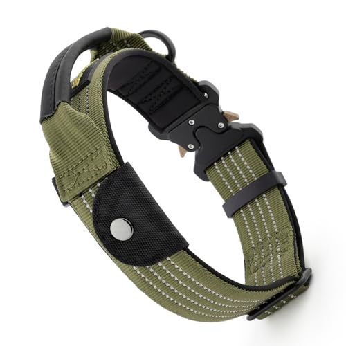 Plutus Pet Tactical Dog Collar with Tracker Pocket for AirTag, Adjustable Reflective Nylon Collar, Metal Buckle, Leather-Wrapped Handle, Soft Padded for Medium Large Dogs (Ranger Green, S) - color: Ranger Green, size: S