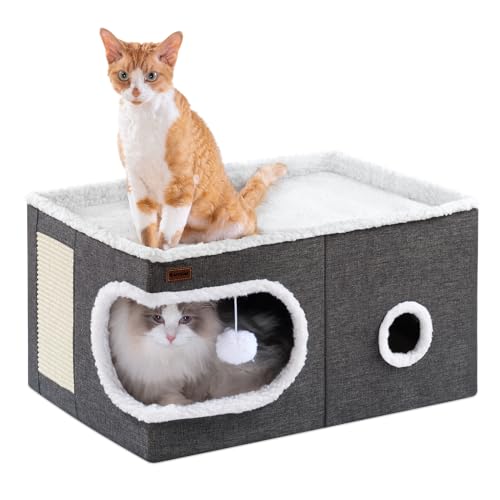 Garnpet Cat Bed for Indoor Cats Cube House, Covered Cat Cave Beds & Furniture with Scratch Pad and Hideaway Tent, Cute Modern Cat Condo for Multi Small Pet Large Kitten Kitty, Large, Dark Grey - color: Dark Grey, size: 23.6"D x 16.5"W x 13"H