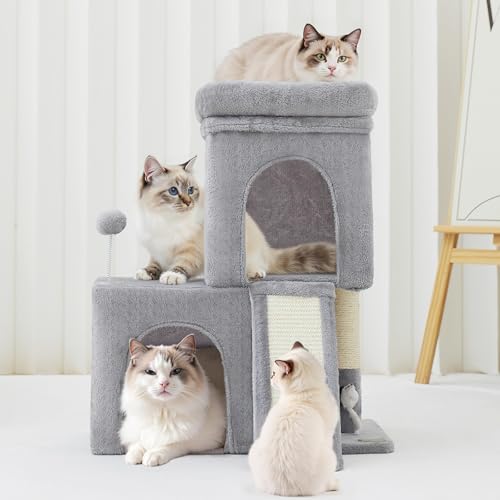 Woochpet 24inch Tall Cat Tree with 2 Cat Condo and Mouse Toy Cozy Small Cat Tower with Scratching Post and Board for Kitties and Small Cats.（Light Grey） (22 * 13 * 28) - size: 22*13*28
