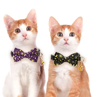 2 Pack Cotton Cat Collar with Bow Tie and Bell for Girl Boy Cats,Cute Pink Flamingo and Blue Whale Pattern Spring Summer Breakaway Cat Collar for Male Female Cats (Moon) - color: Moon
