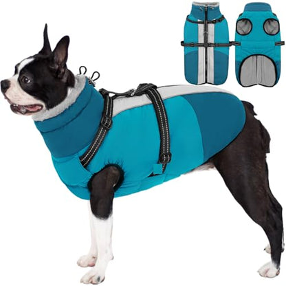 AOFITEE Dog Coat, Warm Dog Jacket with Harness Built-in, Waterproof Medium Dogs Cold Weather Coat with Zipper, Reflective Fleece Lined Pet Snow Jackets for Pug, Jack Russell, Boston Terrier, M - color: PineGreen, size: Medium