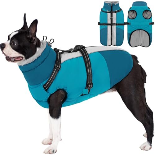 AOFITEE Dog Coat, Warm Dog Jacket with Harness Built-in, Waterproof Medium Dogs Cold Weather Coat with Zipper, Reflective Fleece Lined Pet Snow Jackets for Pug, Jack Russell, Boston Terrier, M - color: PineGreen, size: Medium
