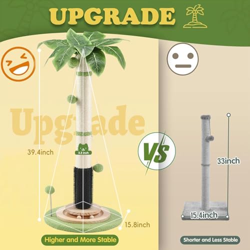 39.4'' Tall Cat Scratching Post,3.5 Inch Wide Sisal Rope Scratching Post for Indoor Adults Kittens,Cat Scratcher with Stable Solid Wood Base Interactive Ball Toys Self Groomer Brush for Large Cats - color: green-39.4inch