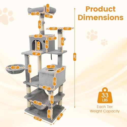 PETSITE 66 Inches Tall Cat Tree, Multi-Level Cat Tower with Sisal Scratching Posts, Side Basket, 2 Comfy Condos, Hammock, Soft Padded Top Perch, and Hanging Balls, Ideal for Indoor Cats (Grey) - color: Grey