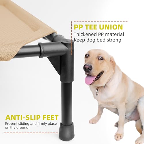 Soft Mesh Elevated Pet Bed for Large Medium Dogs Outdoor Resting Cot with Water-Resistant, Air-Permeable, Cooling and Anti-Skid Portable Dog Bed, Up to 120 lbs, 43.2" L x 31" W x 7.5" H, Beige