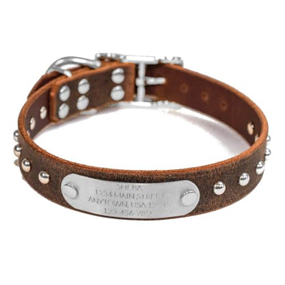 Handmade Studded Bridle Leather Dog Collar, Silver Tone Hardware and Stainless Steel Nameplate (Distressed Brown) - color: Distressed Brown