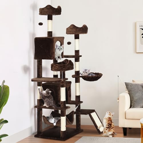 YITAHOME Tall Cat Tree for Indoor Cats, 75 inch Multi-Level Cat Tower with Cat Condos, Top Perches, Sisal Ramp Scratching Posts, Cozy Basket, Hammocks, Large Cat Pet Activity Structure, Brown - color: Brown, size: 75 inches