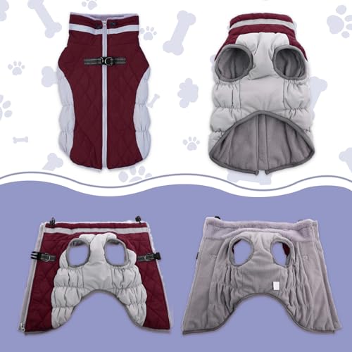 Lelepet Dog Coat Warm Dog Winter Coat Waterproof Dogs Jacket with Harness Built in Reflective Pet Fleece Vest Zip-Up Cold Weather Coats for Dogs Turtleneck & Windproof Coats Chihuahua Wine Red XS - color: Burgundy, size: X-Small