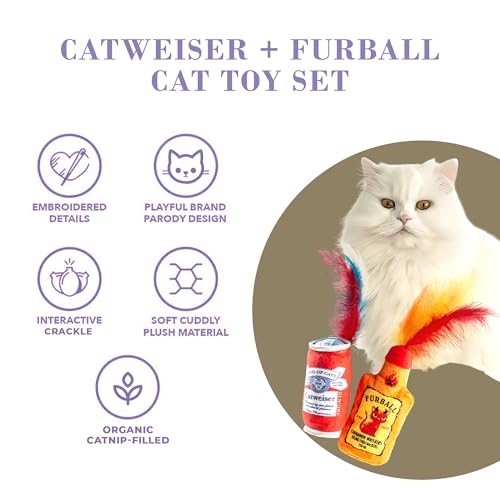 Haute Diggity Kitty Catweiser + Furball Catnip Toys, Soft Plush Cat Toys Catnip Filled with Interactive Crackle Sound & Feathers, Safe & Durable Toy for Cats & Kitten, 2 Pcs - style: Catweiser + Furball