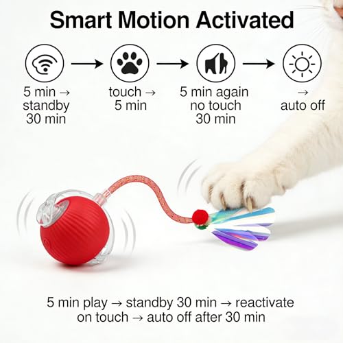 Speedy Tail 2.0 Cat Toy – 2 Replaceable Tails, Controllable Chirping, Motion Activated Rolling Ball, USB Rechargeable – Enrichment & Exercise for Bored Indoor Cats, Kittens (Red) - color: A-Red