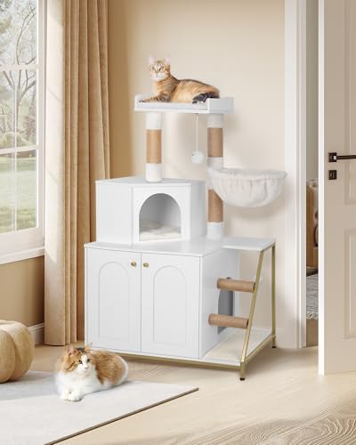 Hzuaneri Cat Litter Box Enclosure with Cat Tree, 4-in-1 Modern Cats House with Large Platform, Cats Condo with Sisal Scratching Mat, Posts, Stairs and Pompom, Washable Cushions, White Gold CB81013A - color: White and Gold