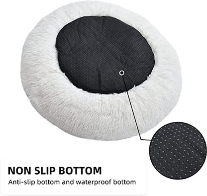 White Faux Fur Cat & Dog Beds 20 inches - Washable Dog Beds for Small Medium Dogs, Anti-Anxiety, Round Plush, Fluffy Thick Bottom - color: Cream, size: Medium