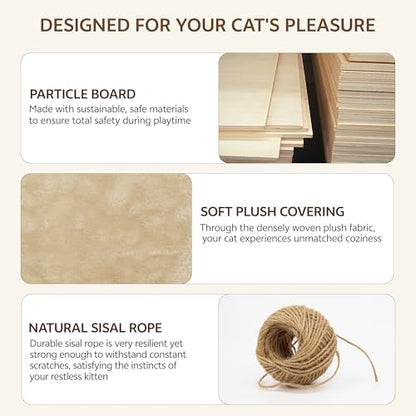 9-in-1 Cat Wall Shelves, Stable & Safe Wall Mounted Cats Shelf Furniture Set with Plush Fabric, Wooden Cat Climbing Wall Systems with Scratching Post, Bridge Ladder, Floor Space-Saving, Beige - color: Beige, size: 9-in-1