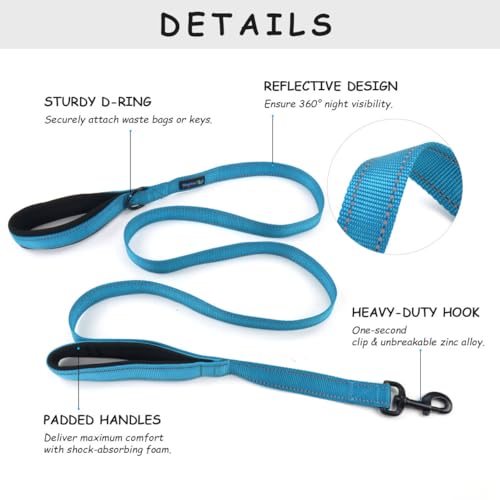 Wagtime Club Double Handle Dog Leash, 6ft Long Heavy Duty Dog Leash with Paded Traffic Handles for Extral Control and Training, Dual Handles Leads, Large Medium Small Dogs (Reflective Bright Blue) - color: Reflective Bright Blue