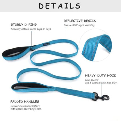 Wagtime Club Double Handle Dog Leash, 6ft Long Heavy Duty Dog Leash with Paded Traffic Handles for Extral Control and Training, Dual Handles Leads, Large Medium Small Dogs (Reflective Bright Blue) - color: Reflective Bright Blue