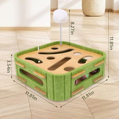 Interactive Cat Scratch Puzzle Box Wooden Enrichment Toy Intelligence Treat Kitten Maze Puzzle Toy with Jingle Balls and Wands Mental Stimulation Games for Bored Indoor Cats