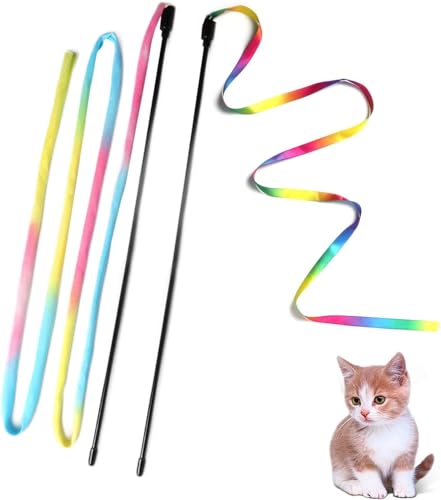 Cat Wand Toys Interactive Kitten Toys for Indoor Cats Colorful Teaser Wand String for Exercise Kitten Stick Kitty Rope Toy Rainbow Ribbon Cat Charmer -2Pcs - size: 2 PCS