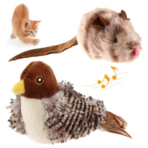 Gigwi Chirping Bird Cat Toy Set, Interactive Chasing Toy for Indoor Cat, Motion Activated Kitten Play Toys, Squeaky Cats Animal Feather Toy for All Breeds Cats Kicker - color: Bird+Mouse, size: Squeaky