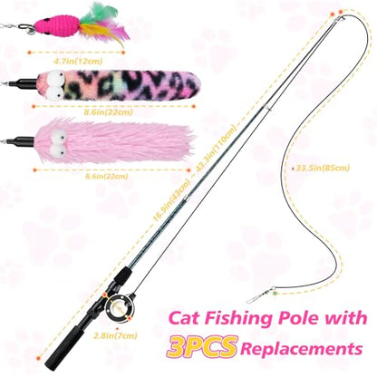 Pawaboo Cat Teaser Wand Toys, Cat Fishing Pole Toy with 3 Pack Feather Refills, 3-Section Retractable Kitten Feather Toys with Pulley, Indoor Cats Teaser Catcher Exerciser with Bell, Rose Red + Pink - color: Plush-Pink