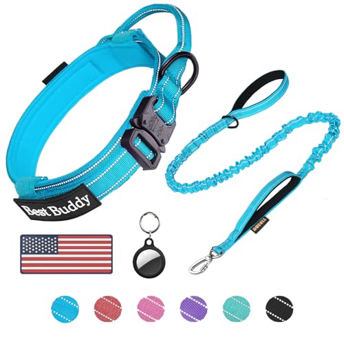 AUBELL Tactical Dog Collar and Leash Set, Reflective Adjustable Heavy Duty Military K9 Collars with Handle and Metal Buckle for Large Dogs, with Airtag Case and 2 Patches(Blue,L) - color: Blue Set, size: L(17"-20.5")