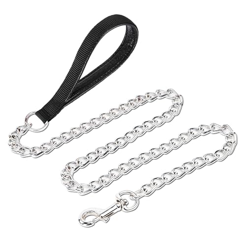 Chain Leash Metal Dog Leash Chrome Plated with Soft Padded Handle for Medium Dogs.(M, Black Handle) - color: Black, size: Medium