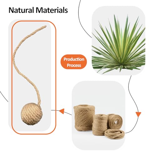 2 Inch Cat Toy Ball with 10 Inch Sisal Rope Wrapping & Quiet Bell - Natural Sisal Material for Endless Feline Fun