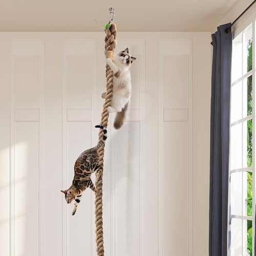 2" x 9.84Ft Cat Climbing Rope with Hook for Ceiling & Wall Mounted, Natural Sisal Rope for Cat Scratcher with Feather Toy for Indoor/Outdoor Cats, Durable Cat Tree Replacement Rope