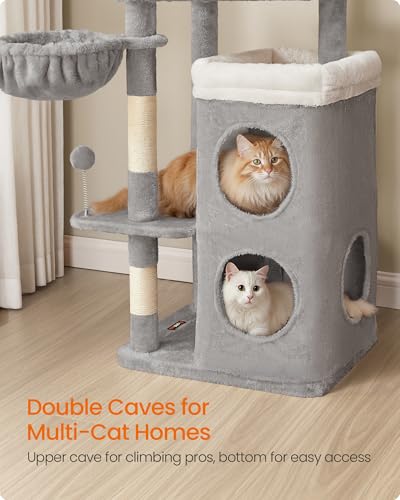 Feandrea Cat Tree, 60-Inch Cat Tower, Multiple-Level Plush Condo with 2 Caves, 3 Scratching Posts, 3 Perches, Dove Gray UPCT007G01 - color: Dove Gray