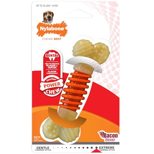 Nylabone PRO Action Dental Bone Power Chew Toy for Dogs, Dog Toys for Aggressive Chewers, Bacon Flavor, Medium - Up to 35 lbs, 1 Count - color: Orange, size: Medium
