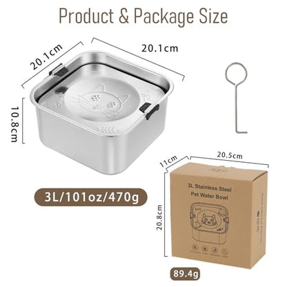 No Spill Water Bowl for Dogs, 101oz/3L Slobber Stopper Stainless Steel, Slow Drinking Dog Water Bowl, Spill Proof, Dishwasher Safe, Silver