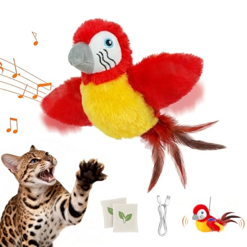 Vannon Cat Toys Flapping Bird(Cannot Fly), Rechargeable Touch Activated Kitten Toy Interactive Cat Exercise Toys with Catnip and Feather for Indoor Cat - Red - color: Red
