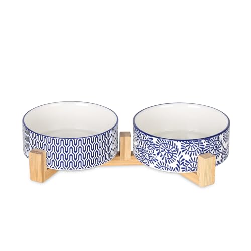 Selamica Ceramic 14 OZ Dog Bowls, Dog Food and Water Bowls with Wooden Stand, Anti-Slip Dogs Dishes Set for Cats & Small Dogs, Weighted Pet Bowls Set of 2, Vintage Blue B - color: Vintage Blue B, size: 14 oz