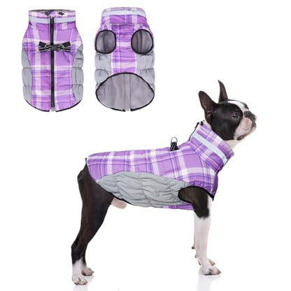 BEAUTYZOO Dog Winter Coat with Harness Built in, Reflective Plaid Puffer Vest Waterproof for Medium Dogs, Fleece Warm Puppy Zipped Jacket with D Ring, Pet Cold Weather Sweater Clothes, Purple M - color: Purple, size: Medium