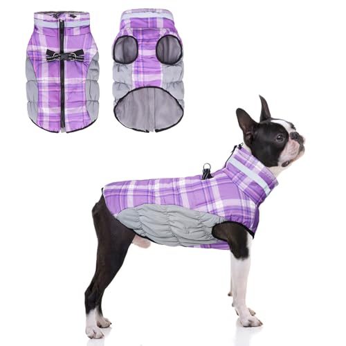 BEAUTYZOO Dog Winter Coat with Harness Built in, Reflective Plaid Puffer Vest Waterproof for Medium Dogs, Fleece Warm Puppy Zipped Jacket with D Ring, Pet Cold Weather Sweater Clothes, Purple M - color: Purple, size: Medium