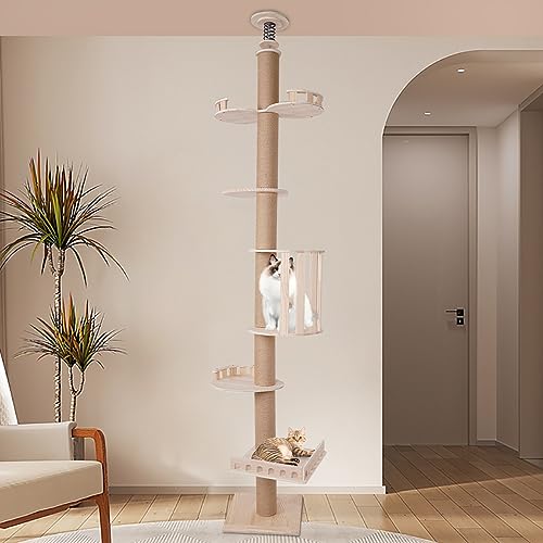 Modern Wooden Floor-to-Ceiling Cat Tree Tower, with Natural Sisal Rope Scratching Post, Height 100.4-104.3 Inch, Activity Center Cat Climbing Tower for Kittens & Large Cats