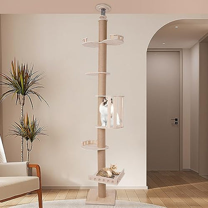 Modern Wooden Floor-to-Ceiling Cat Tree Tower, with Natural Sisal Rope Scratching Post, Height 100.4-104.3 Inch, Activity Center Cat Climbing Tower for Kittens & Large Cats