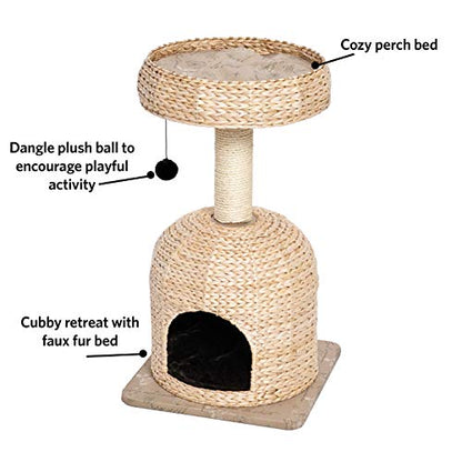 MidWest Homes for Pets Cat Tree |Scout Cat Furniture Cat Activity Tree w/Sisal Wrapped Support Scratching Posts & Dangle Play Balls, Woven Rattan & Script Small Cat Tree - size: Scout Woven Rattan/Script