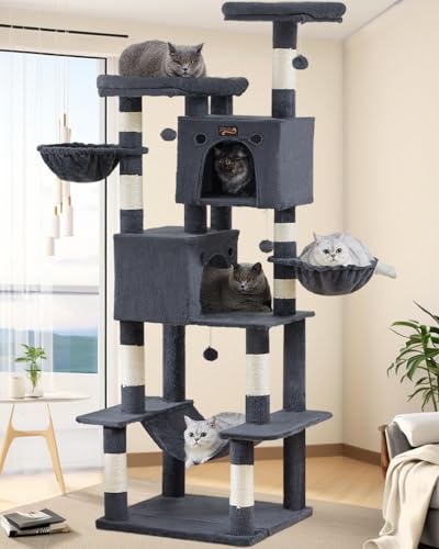 Large Cat Tree Tower for Indoor Cats Adult, 74.8 Inch Tall Large Multi-Level Tree Towers with Scratching Posts, Condo, Hammock, Bed for Big Cats, Modern Cat Trees Furniture Heavy Duty (Dark Gray) - color: Dark Grey 2, size: 74.8 Inches