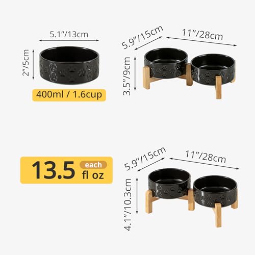 Elevated Ceramic Dog Bowl Set, 5.1" Dog Bowls with Dual Fixed Heights Stand, 1.6 Cup Food & Water Bowls for Toy Breed, Adult Cat, Small-Breed Puppy (Double Bowls + Stand - Black, 5.1 inch) - color: Double Bowls + Stand - Black, size: Xs - 5.1 Inch