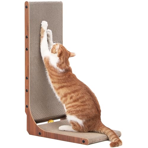 FUKUMARU Cat Scratcher, 26.8 Inch Cat Scratch Pad for Indoor Cats, L Shaped Cardboard Vertical Cats Scratching Board with Ball Toy, Walnut Color, 1 Pack - size: 1 Pack 26.8 in Walnut Color