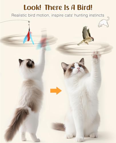 Pawaboo Feather Teaser Cat Toy, Interactive Feather Wand Cats Toy Flying Feathers Cat Catcher with Extra Long 34.5" Wand and Small Bell, Exerciser Playing Toys for Kitten or Cats, Blue + Red Brown - color: Blue + Red Brown