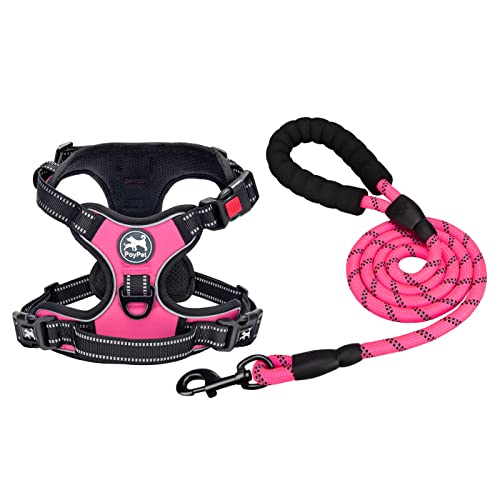 PoyPet Dog Harness and Leash Combo, Escape Proof No Pull Vest Harness, with 5 Feet Leash, Reflective Adjustable Soft Padded Pet Harness with Handle for Small to Large Dogs(Pink,M) - color: Pink, size: Medium