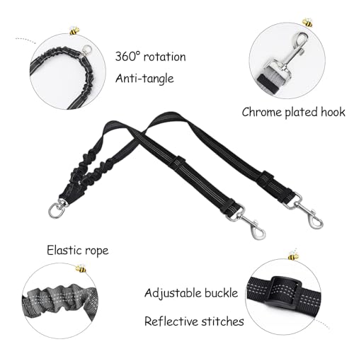 2 Pcs Double Dog Leash, No Tangle for Walking 2 Dogs Adjustable Length Leash Reflective Splitter for Large and Small Dogs(Black, Grey)