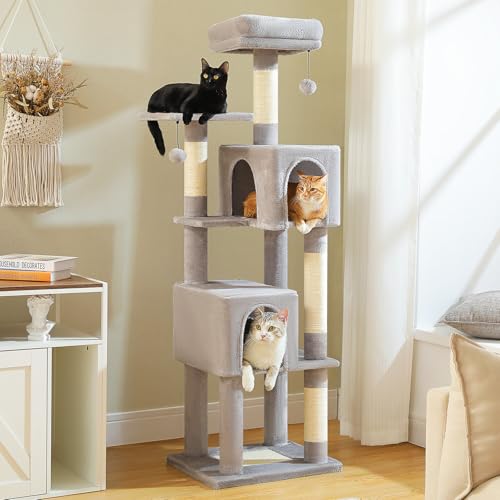 MUTTROS Cat Tree for Indoor Cats, 62-Inch Multi-Level Cat Tower with Scratching Posts for Large Cats, 2 Bigger Plush Condos, Padded Platform, Soft Cat Bed and Scratching Pad, 2 Pompoms, Gray - color: Gray, size: 61.8"