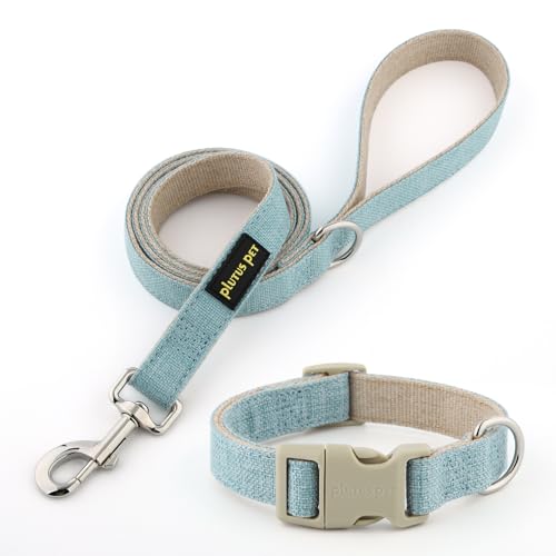 Plutus Pet Cotton Hemp Dog Collar and Leash Set, Adjustable Collar for Small, Medium, and Large Dogs, Heavy Duty and Soft on Skin, Light Blue, XS - color: Light Blue, size: X-Small