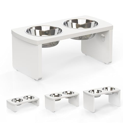 Elevated Dog Bowls, Waterproof Raised Dog Bowl for Medium Dogs, HIPS Poly Lumber Stand with 2 Stainless Steel Bowls, Indoor & Outdoor Use (7'' Tall-40 oz Bowl, White) - color: White, size: Medium: 7'' Tall-40oz Bowl